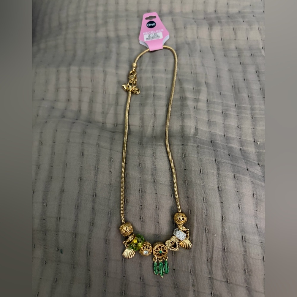 Gold-Tone Necklace with Green Crystal Charms - Women Jewelry
